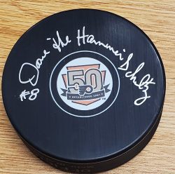 Autographed DAVE SCHULTZ Philadelphia Flyers 50th Anniversary Hockey Puck