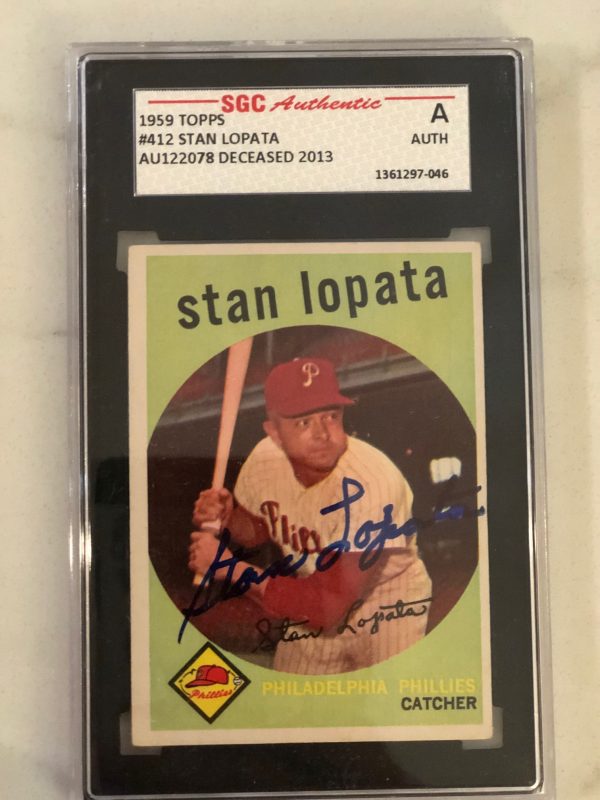 Autographed 1959 Topps Stan Lopata Philadelphia Phillies Card #412 SGC Slabbed