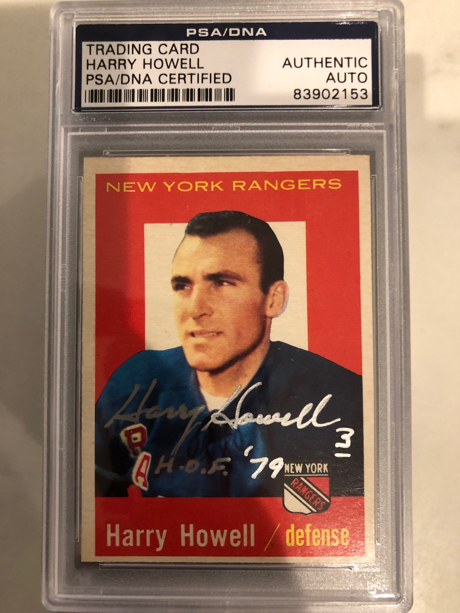 Autographed 195960 Topps Harry Howell NY Rangers Hockey Card 20 PSA