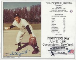 Autographed HOF'R PHIL RIZZUTO 8x10 HOF Induction New York Yankees photo card