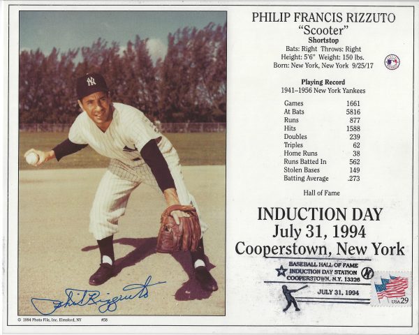 Autographed HOF'R PHIL RIZZUTO 8x10 HOF Induction New York Yankees photo card
