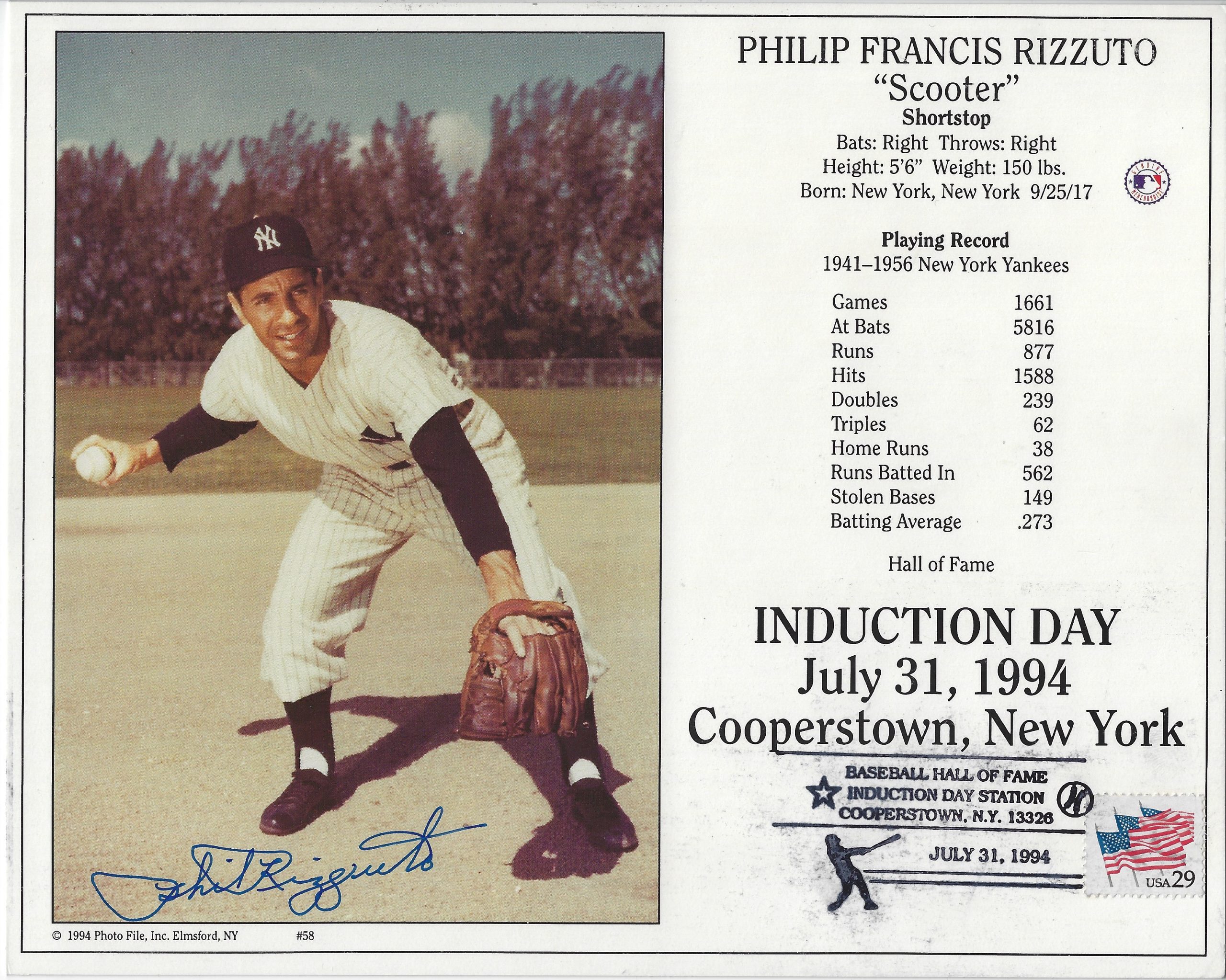 Autographed HOF'R PHIL RIZZUTO 8x10 HOF Induction New York Yankees photo  card - Main Line Autographs