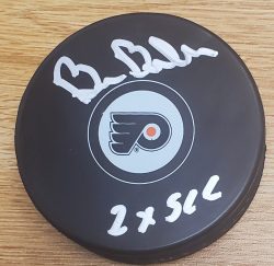 AUTOGRAPHED BILL BARBER "2X SCC" Philadelphia Flyers Hockey Puck