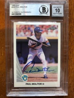 Autographed 1990 Leaf Paul Molitor Milwaukee Brewers Card #242 BAS Beckett Slabbed