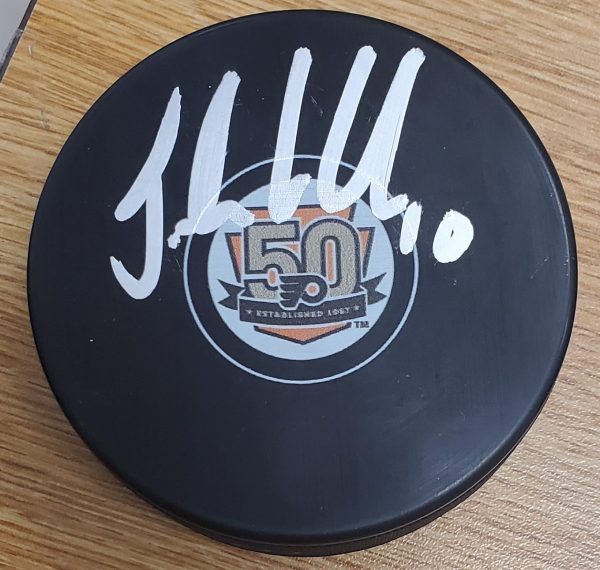 AUTOGRAPHED JOHN LECLAIR Philadelphia Flyers 50th Anniversary Hockey Puck