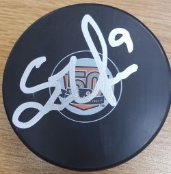 Autographed SCOTTIE UPSHALL Philadelphia Flyers 50th Anniversary Hockey Puck