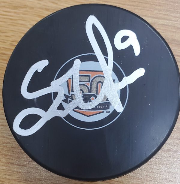 Autographed SCOTTIE UPSHALL Philadelphia Flyers 50th Anniversary Hockey Puck