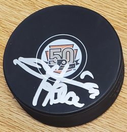 Autographed DERIAN HATCHER Philadelphia Flyers 50th Anniversary Hockey Puck