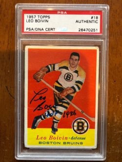 Autographed 1957 Topps Leo Boivin Boston Bruins  Card #18 PSA Slabbed