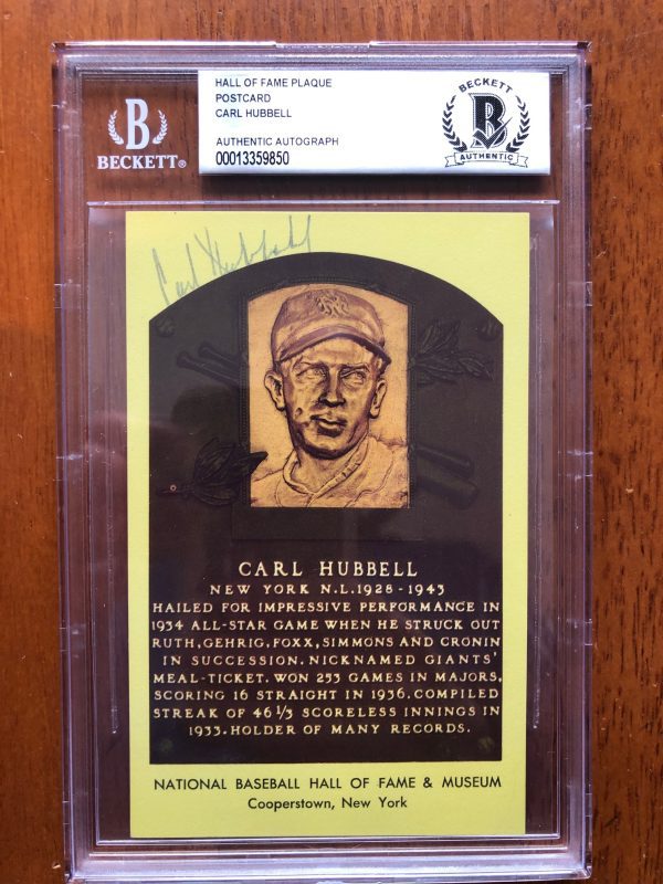 Autographed Carl Hubbell Hall of Fame Gold Plaque BAS Beckett Slabbed
