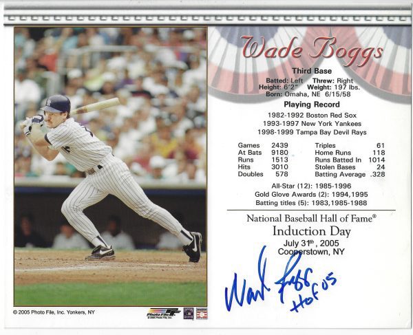 Autographed WADE BOGGS 8X10 New York Yankees HOF Induction Day Photo Card