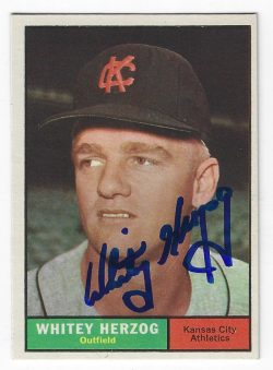 Autographed WHITEY HERZOG Kansas City Athletics 1961 Topps Card