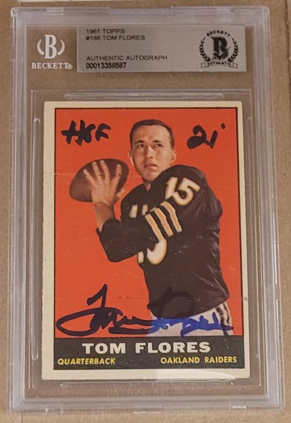 Autographed Tom Flores Raiders 1961 Topps Rookie Card #186 BAS Beckett Slabbed