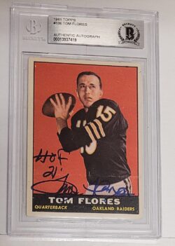 Autographed Tom Flores Raiders 1961 Topps Rookie Card #186 BAS Beckett Slabbed