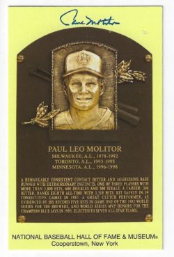 Autographed PAUL MOLITOR Hall of Fame Gold Plaque Postcard