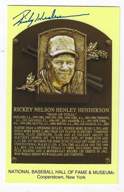 Autographed RICKEY HENDERSON Hall of Fame Gold Plaque Post Card Beckett  Witness - Main Line Autographs