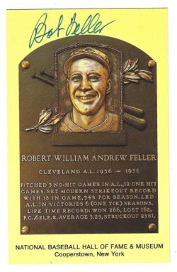 Autographed Bob Feller Hall of Fame Gold Plaque Postcard