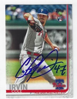 Autographed COLE IRVIN Philadelphia Phillies 2019 Topps Card