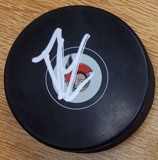 Autographed BRADY TKACHUK Ottawa Senators Hockey Puck - Main Line ...