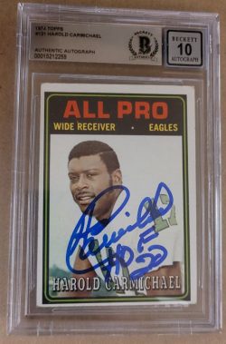Autographed 1974 Topps Harold Carmichael Eagles Rookie Card #121 BAS Beckett Slabbed- 10