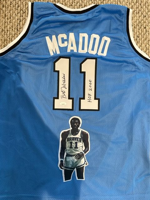 RSA Bob Mcadoo Signed HOF 2000 Inscription Buffalo Blue Photo Basketball Jersey (JSA)