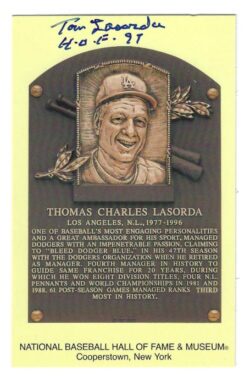 Autographed Tom Lasorda Hall of Fame Gold Plaque Postcard