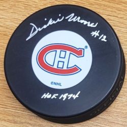 AUTOGRAPHED DICKIE MOORE "HOF 1974" Montreal Canadiens Hockey Puck