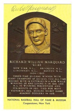 Autographed Rube Marquard Hall of Fame Gold Plaque Postcard