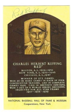 Autographed Red Ruffing Hall of Fame Gold Plaque Post Card JSA