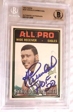 Autographed 1974 Topps Harold Carmichael Eagles Rookie Card #121 BAS Beckett Slabbed