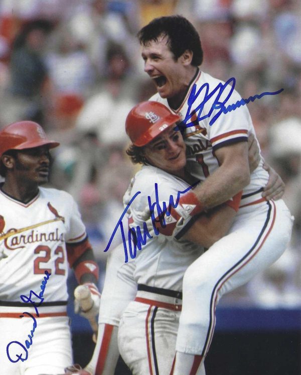 AUTOGRAPHED DAVID GREEN, TOM HERR and GLENN BRUMMER 8x10 St. Louis Cardinals Photo