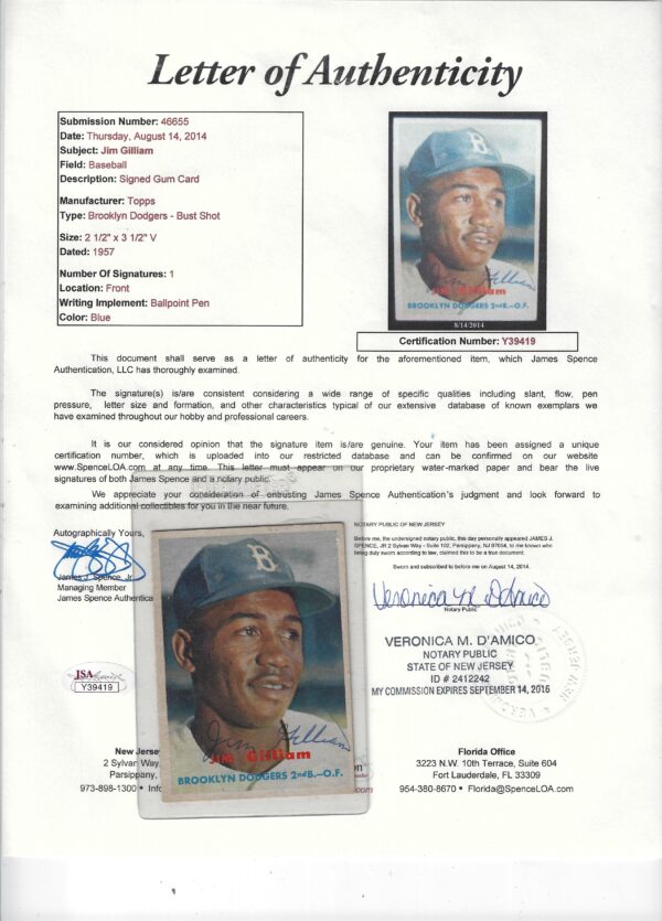 Autographed 1957 Topps JIM GILLIAM BROOKLYN DODGERS #115 JSA Letter