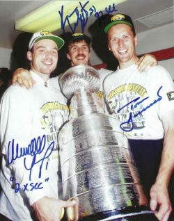 Autographed WENDELL YOUNG, KEN WREGGET and TOM BARRASSO 8X10 Pittsburgh Penguins Photo