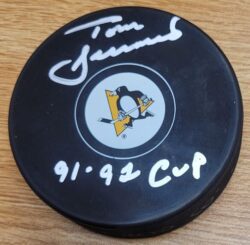 Autographed  TOM BARRASSO Pittsburgh Penguins "91, 92 Cup" Hockey Puck