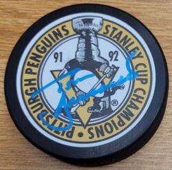 Autographed TOM BARRASSO Pittsburgh Penguins 91-92 Stanley Cup Hockey Puck