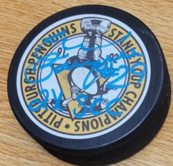 Autographed PHIL BOURQUE Pittsburgh Penguins 91-92 Stanley Cup Hockey Puck