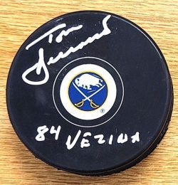 Autographed  TOM BARRASSO "84 Vezina" Buffalo Sabres Hockey Puck