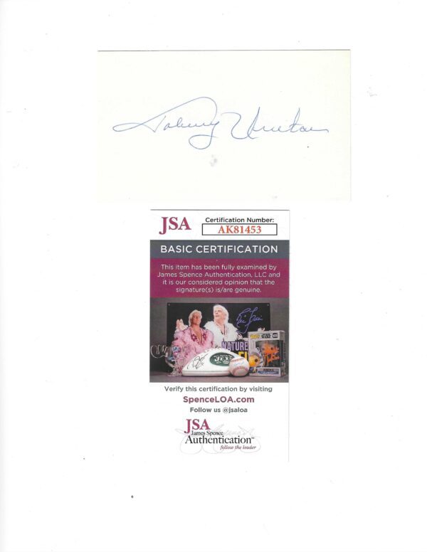 Autographed JOHNNY UNITAS 3x5 INDEX CARD JSA
