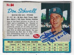 Autographed DON SCHWALL Boston Red Sox 1962 Post Cereal Card