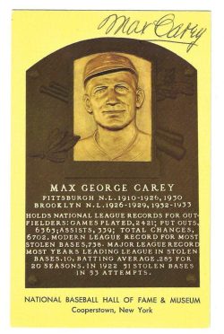 Autographed Max Carey Hall of Fame Gold Plaque Postcard