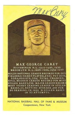 Autographed Max Carey Hall of Fame Gold Plaque Postcard