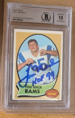 Autographed 1970 Topps Tom Mack Rams Rookie Card #151 BAS Beckett Slabbed Grade 10