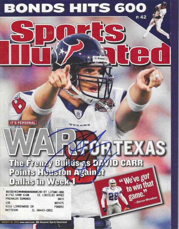 Autographed  David Carr  Houston Texans Sports Illustrated Magazine 8/19/2002