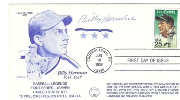 Autographed BILLY HERMAN Chicago Cubs Cachet Cover