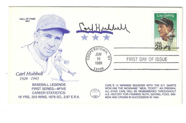 Autographed Carl Hubbell New York Giants Cachet Cover
