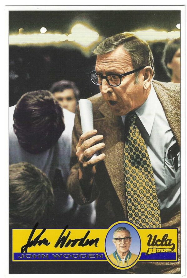 Autographed JOHN WOODEN UCLA BRUINS 4x6 picture postcard.