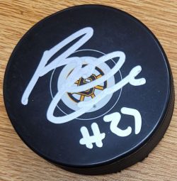 Autographed Reggie Leach Boston Bruins Hockey Puck