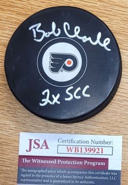 Autographed BOBBY CLARKE "2X SCC" Philadelphia Flyers Hockey Puck JSA