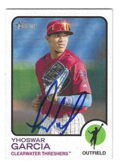 Autographed YHOSWAR GARCIA Clearwater Threshers 2022 Topps Heritage Minors Card #27