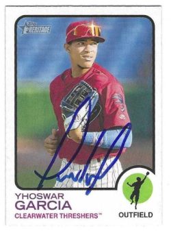 Autographed YHOSWAR GARCIA Clearwater Threshers 2022 Topps Heritage Minors Card #27